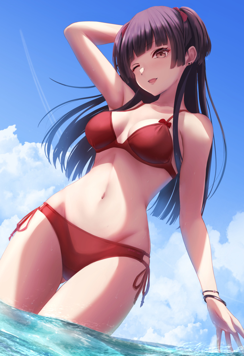 1girl ass_visible_through_thighs bangs bare_shoulders bikini black_hair blue_sky blunt_bangs bow bracelet breasts brown_eyes cloud cloudy_sky dot_nose earrings floating_hair from_below groin hair_bow highres idolmaster idolmaster_shiny_colors jewelry long_hair mayuzumi_fuyuko medium_breasts momi_yuro navel one_eye_closed open_mouth outdoors red_bikini red_bow sky smile solo stud_earrings swimsuit thigh_gap thighs wading water