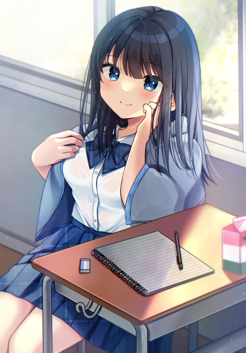 1girl bangs black_hair blue_eyes blue_skirt blush breasts chair closed_mouth collared_shirt commentary_request day desk dress_shirt eraser grey_jacket hair_between_eyes highres indoors jacket long_hair medium_breasts minami_saki notebook on_chair open_clothes open_jacket original pencil pleated_skirt school_chair school_desk school_uniform see-through shirt sitting skirt smile solo wet wet_clothes wet_shirt white_shirt window