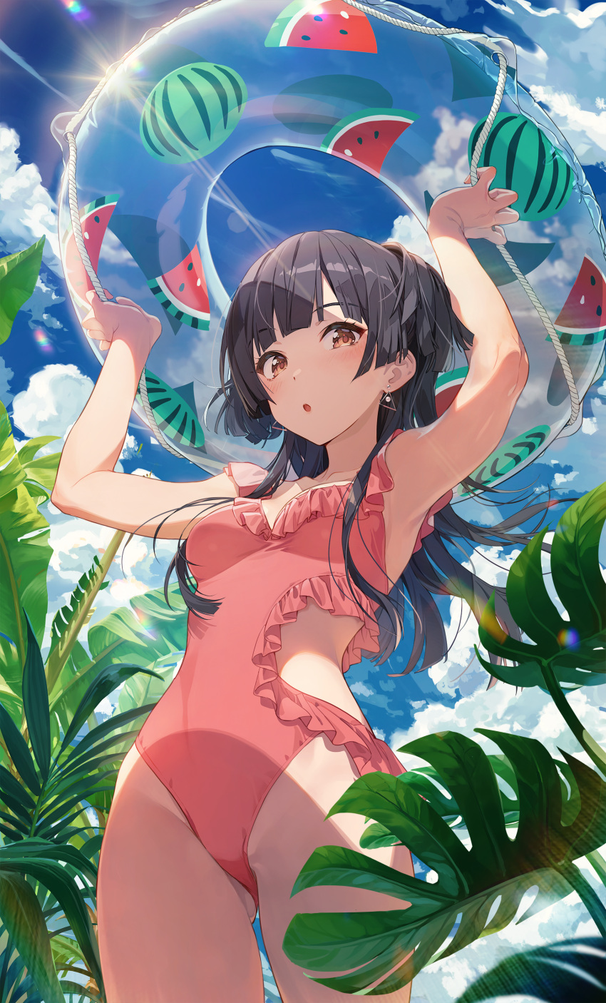 1girl :o absurdres arms_up ass_visible_through_thighs black_hair blue_sky breasts brown_eyes cleavage clothing_cutout cloud day earrings highres holding holding_innertube idolmaster idolmaster_shiny_colors innertube jewelry joey_koguma long_hair looking_at_viewer mayuzumi_fuyuko medium_breasts one-piece_swimsuit outdoors pink_swimsuit sky solo sun sunlight swimsuit thighs