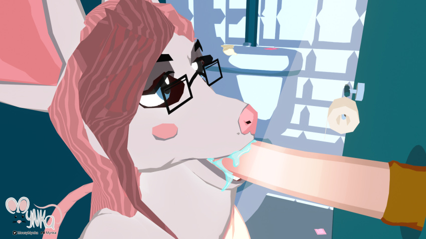 3d_(artwork) ambiguous_gender anatomically_correct anatomically_correct_genitalia anatomically_correct_penis animal_genitalia animal_penis anthro bathroom bodily_fluids cel_shading close-up condom condom_wrapper digital_media_(artwork) dripping equid equine equine_penis erection eyewear fellatio filled_condom genitals glasses glory_hole hair hi_res horse mammal mouse murid murine mynka nude oral oral_penetration penetration penile penis penis_in_mouth pink_hair public_restroom restroom_stall rodent saliva saliva_drip saliva_on_penis saliva_string sex sexual_barrier_device shaded solo toilet toilet_paper