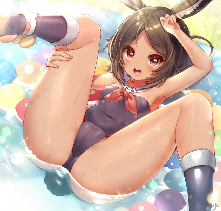 1girl animal_ear_fluff animal_ears arm_up armpits ass azur_lane bare_shoulders blue_swimsuit breasts brown_eyes brown_hair cameltoe covered_navel dark-skinned_female dark_skin hand_on_own_head highres i-26_(azur_lane) kneepits legs legs_up lying on_back one-piece_swimsuit open_mouth partially_submerged rabbit_ears rabbit_girl rabbit_tail short_hair small_breasts smile solo spread_legs strapless strapless_swimsuit swimsuit tail thighs water yufukiri