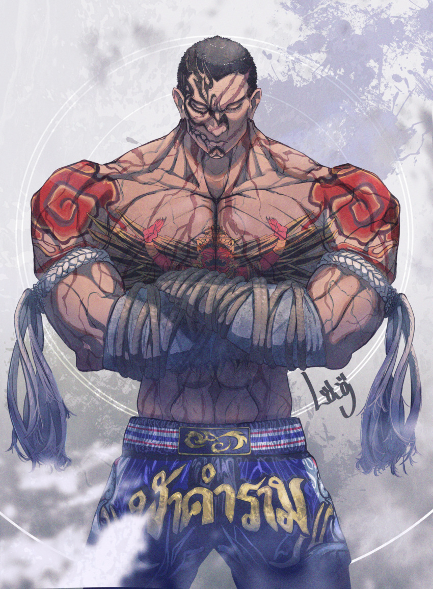 1boy absurdres bare_shoulders black_hair chest_tattoo closed_eyes closed_mouth collarbone crossed_arms facial_tattoo fahkumram highres lag_(wo76_a) muay_thai muscular muscular_male rope scar scar_on_face shoulder_tattoo signature smoke solo solo_focus tattoo tekken tekken_7 topless_male veins veiny_arms