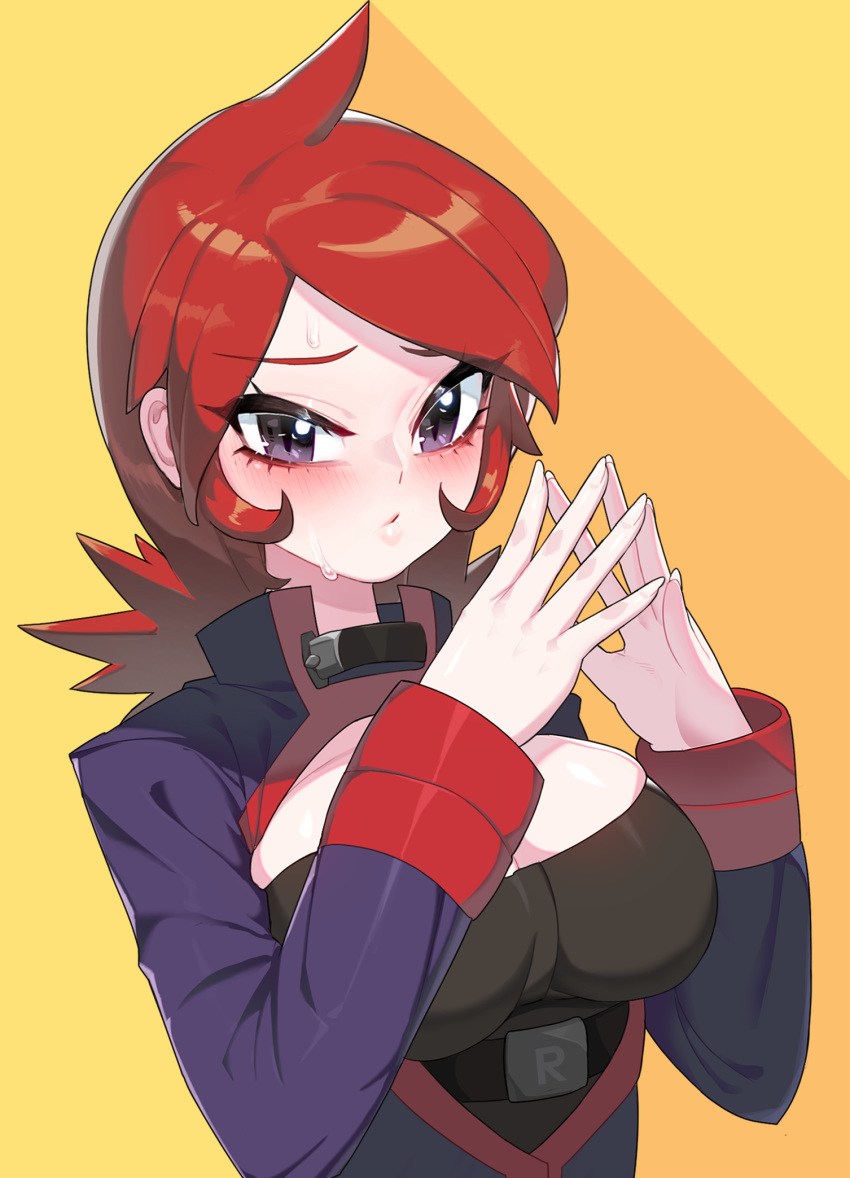 1girl blush breasts cleavage closed_mouth commentary cowlick drunkoak eyelashes genderswap genderswap_(mtf) hands_up highres jacket logo long_hair long_sleeves looking_at_viewer own_hands_together pokemon pokemon_(game) pokemon_hgss purple_jacket red_hair shiny shiny_hair silver_(pokemon) solo steepled_fingers sweat upper_body