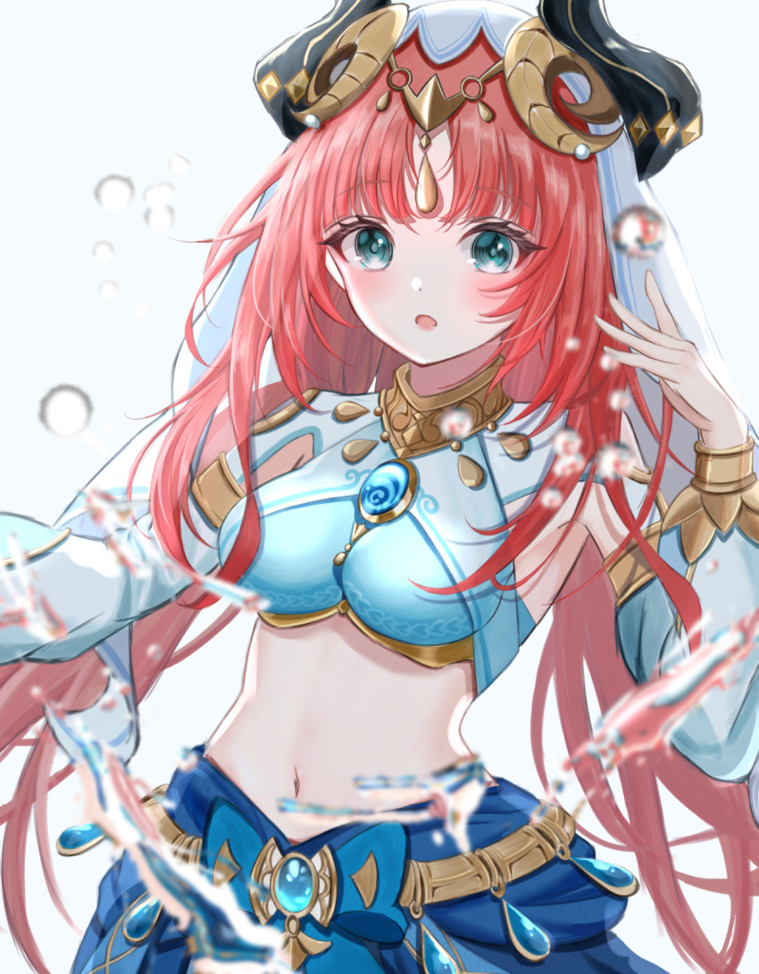 1girl ajino_(ajtm_7878) aqua_eyes bangs blue_skirt blush brooch commentary_request crop_top genshin_impact grey_background hand_up highres horns jewelry long_hair long_sleeves looking_at_viewer midriff navel nilou_(genshin_impact) open_mouth red_hair skirt solo stomach upper_body veil very_long_hair water_drop