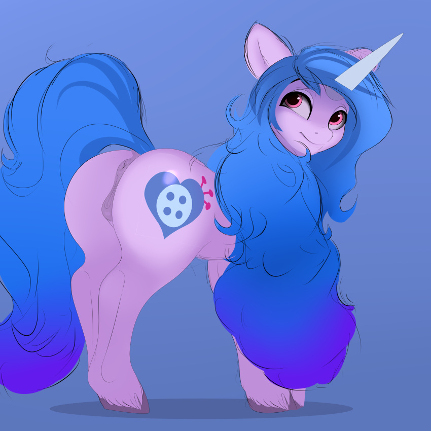 2021 absurd_res anatomically_correct anatomically_correct_genitalia anatomically_correct_pussy animal_genitalia animal_pussy anus blue_background blue_hair blue_tail butt cutie_mark dock equid equine equine_pussy female feral fur genitals hair hasbro hi_res hooves horn izzy_moonbow_(mlp) long_hair looking_back mammal mlp_g5 my_little_pony nording purple_body purple_fur pussy raised_tail simple_background smile solo unicorn