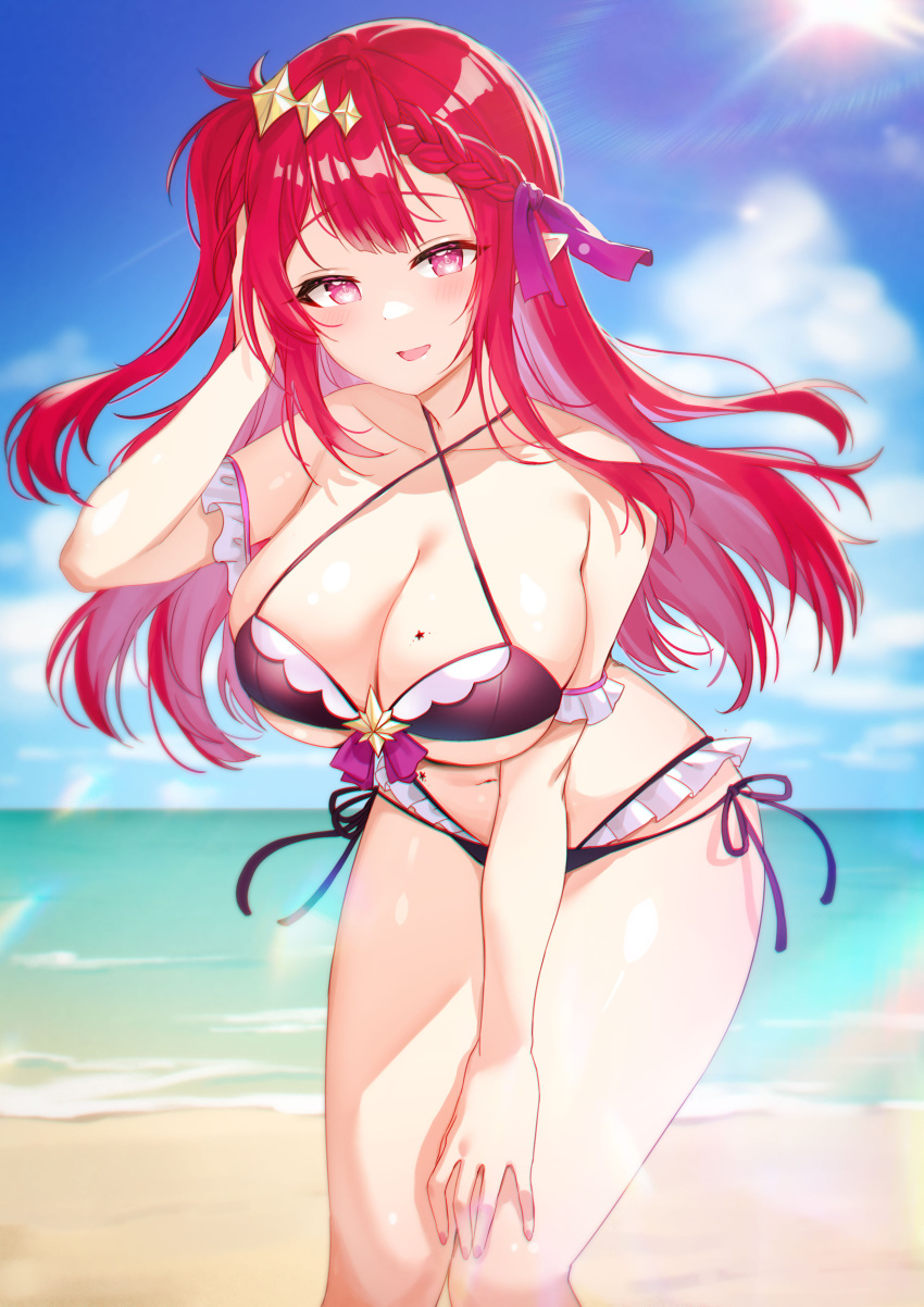 1girl absurdres arm_garter bare_shoulders beach bikini black_bikini braid breasts cleavage collarbone criss-cross_halter day frilled_bikini frills front-tie_bikini front-tie_top hair_ornament halterneck hand_on_own_thigh hand_up highres indie_virtual_youtuber large_breasts leaning_forward long_hair looking_at_viewer mole mole_on_breast multi-strapped_bikini navel one_side_up open_mouth outdoors picter pointy_ears red_eyes red_hair side-tie_bikini skindentation smile solo standing stomach string_bikini swimsuit thighs virtual_youtuber