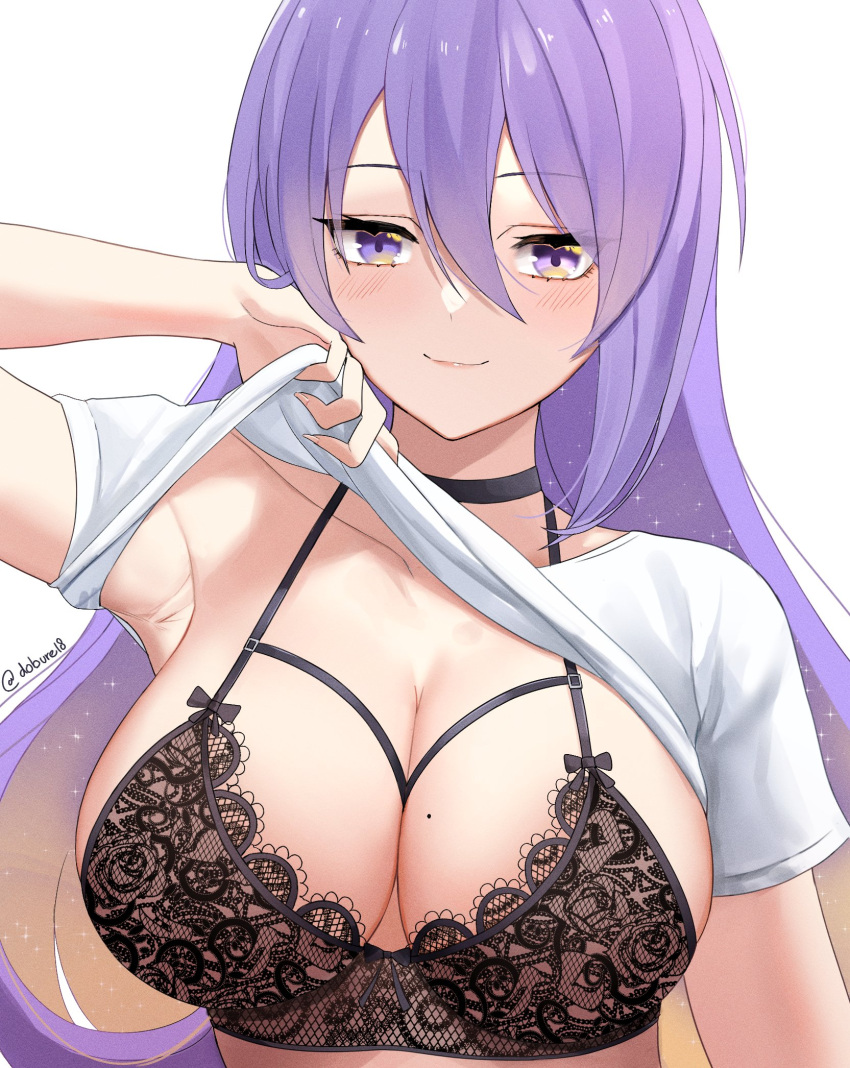 1girl armpits bangs blonde_hair blush breasts choker cleavage clothes_lift dobure18 gradient_hair hair_between_eyes highres hololive hololive_indonesia large_breasts lingerie long_hair looking_at_viewer mole mole_on_breast moona_hoshinova multicolored_hair purple_eyes purple_hair shirt shirt_lift smile solo two-tone_hair underwear virtual_youtuber white_background