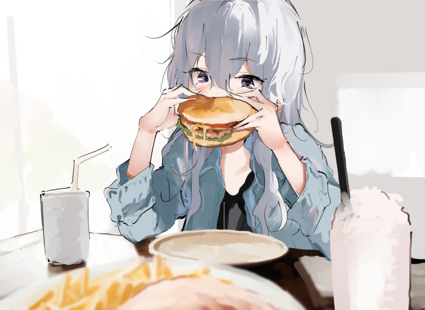 1girl bangs bendy_straw black_shirt blue_jacket blurry blurry_foreground blush burger character_request commentary_request cup depth_of_field disposable_cup drinking_straw eating food french_fries grey_hair hair_between_eyes hands_up holding holding_food indoors jacket lamb_(hitsujiniku) long_hair long_sleeves open_clothes open_jacket plate purple_eyes shirt solo upper_body urasekai_picnic