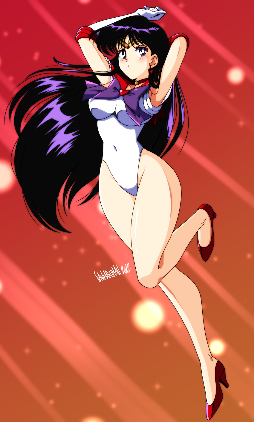 1girl 2022 absurdres armpits arms_up bishoujo_senshi_sailor_moon breasts choker circlet covered_navel danmakuman earrings elbow_gloves full_body gloves high_heels highleg highleg_leotard highres hino_rei jewelry leotard long_hair medium_breasts purple_eyes purple_hair red_background red_choker red_skirt sailor_mars signature skirt solo stud_earrings super_sailor_mars very_long_hair white_gloves white_leotard