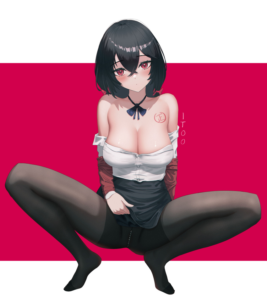 1girl absurdres artist_name azur_lane black_hair black_pantyhose black_ribbon blush body_writing bow breasts cleavage closed_mouth clothes_lift clothes_pull collarbone full_body hair_bow highres large_breasts lifted_by_self long_hair long_sleeves looking_at_viewer neck_ribbon no_shoes off_shoulder pantyhose pearl_thong red_background red_bow red_eyes ribbon shirt shirt_pull skirt skirt_lift spread_legs taihou_(azur_lane) too_(totoo) two-tone_background white_background white_shirt