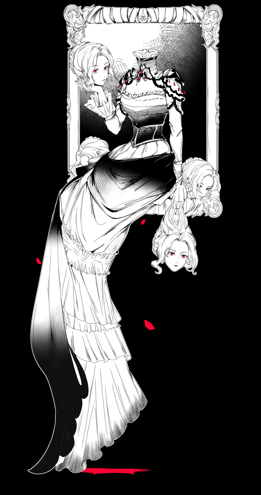 1girl absurdres angel black_background blood breasts choker cleavage corset dress extra_heads framed highres holding holding_hair holding_head lips long_dress looking_at_viewer lord_of_the_mysteries monochrome nail red_eyes reinette_tinekerr severed_head simple_background solo yueyushengfan57423