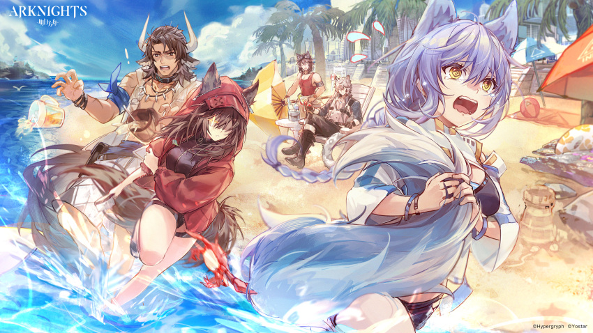 ! +_+ 2girls 3boys @_@ absurdres ahoge animal_ears arknights beach bikini black_bikini black_collar black_swimsuit blue_sky bracelet braid brown_hair casual_one-piece_swimsuit collar company_name copyright_name courier_(arknights) cow_boy cow_ears cow_horns crab csyday day extra_ears grey_hair highres holding_own_tail hood hood_up hooded_jacket horns infection_monitor_(arknights) jacket jewelry leopard_boy leopard_ears leopard_tail long_hair matterhorn_(arknights) matterhorn_(beach_guard)_(arknights) multiple_boys multiple_girls necklace official_art official_wallpaper one-piece_swimsuit open_clothes open_jacket open_mouth outdoors palm_tree projekt_red_(arknights) projekt_red_(light_breeze)_(arknights) provence_(arknights) provence_(casual_vacation)_(arknights) purple_hair red_jacket running second-party_source short_hair silverash_(arknights) silverash_(seeker)_(arknights) sitting sky sleeves_rolled_up spill swimsuit tail tooth_necklace tree water white_jacket wolf_ears wolf_girl wolf_tail yellow_eyes