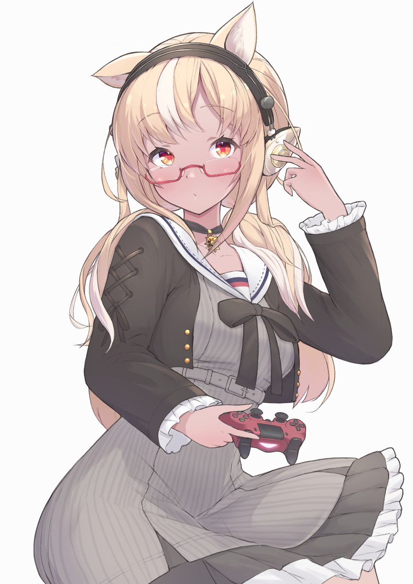 1girl absurdres animal_ears bangs belt black_bow black_bowtie black_choker black_jacket black_skirt blonde_hair blush bow bowtie breasts choker controller cropped_jacket dress extra_ears frilled_skirt frilled_sleeves frills game_controller glasses grey_belt grey_dress headphones highres holding holding_controller holding_game_controller hololive implied_extra_ears jacket long_hair medium_breasts multicolored_hair open_clothes open_jacket red_eyes sailor_collar shiranui_flare simple_background skirt solo streaked_hair striped striped_dress taraneko_miso vertical-striped_dress vertical_stripes virtual_youtuber white_background white_hair white_sailor_collar