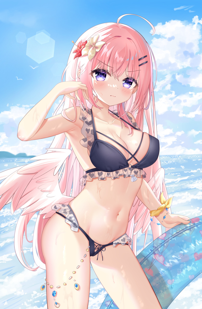 1girl 3: ahoge arm_up armpits bare_arms bare_shoulders bikini black_bikini breasts cleavage collarbone contrapposto covered_nipples day feathered_wings flower frilled_bikini frills frown hair_flower hair_ornament hairclip halterneck highres hiyada_yuu innertube large_breasts long_hair looking_at_viewer low_wings multi-strapped_bikini navel original outdoors pink_hair purple_eyes ribbon solo stomach string_bikini swimsuit thighs v-shaped_eyebrows very_long_hair wet wings wrist_ribbon