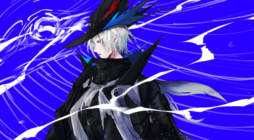 1boy adjusting_clothes adjusting_collar arknights bangs black_gloves blue_background commentary gloves grey_hair hat high_collar highres porilas2 profile red_eyes short_hair simple_background solo ulpian_(arknights) upper_body whale