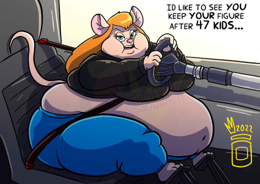 2022 anthro barefoot belly big_belly black_clothing black_shirt black_topwear blonde_hair blue_bottomwear blue_clothing blue_pants bottomwear breaking_the_fourth_wall car chip_'n_dale_rescue_rangers clothed clothing dialogue disney driving feet female gadget_hackwrench hair hi_res holding_object holding_steering_wheel inside_car looking_at_viewer mammal morbidly_obese morbidly_obese_anthro morbidly_obese_female mouse murid murine navel obese obese_anthro obese_female overweight overweight_anthro overweight_female pants puffed_cheeks raised_tail rodent royaljellysandwich seat seatbelt shirt sitting solo steering_wheel talking_to_viewer text topwear vehicle