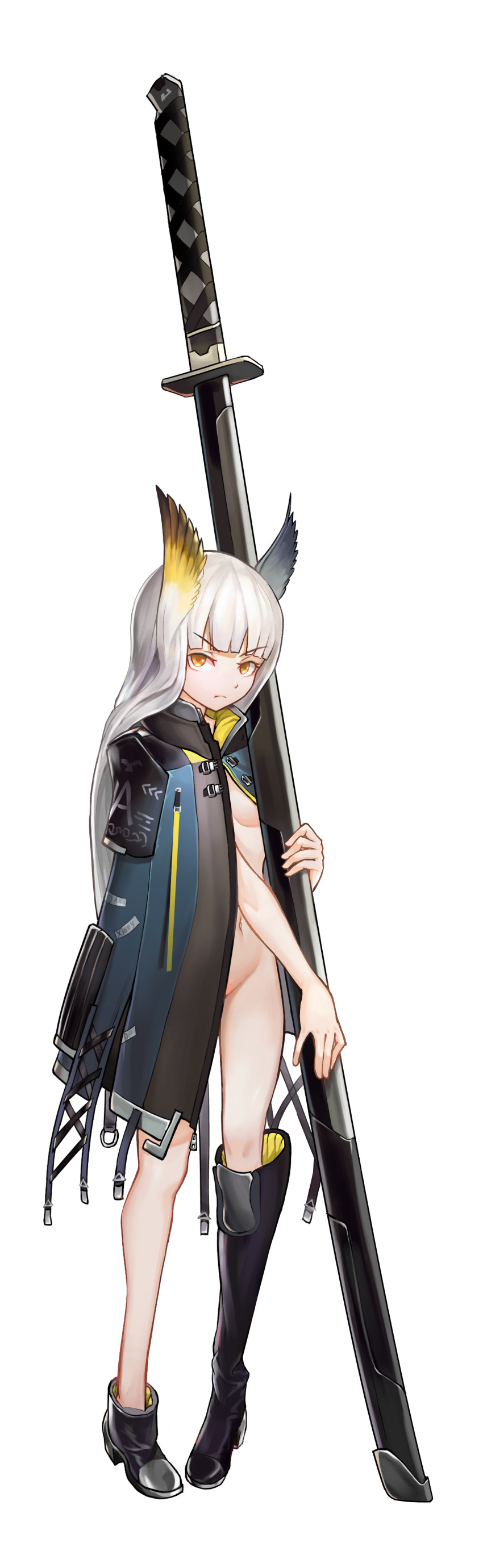 1girl absurdres ankle_boots arknights asymmetrical_footwear bangs black_coat black_footwear blunt_bangs boots breasts closed_mouth coat coat_on_shoulders da_xiong_de feather_hair full_body genderswap genderswap_(mtf) grey_hair groin hellagur_(arknights) highres holding holding_weapon huge_weapon knee_boots long_hair looking_at_viewer naked_coat navel no_bra no_panties open_clothes open_coat orange_eyes sheath sheathed simple_background small_breasts solo standing sword v-shaped_eyebrows weapon white_background