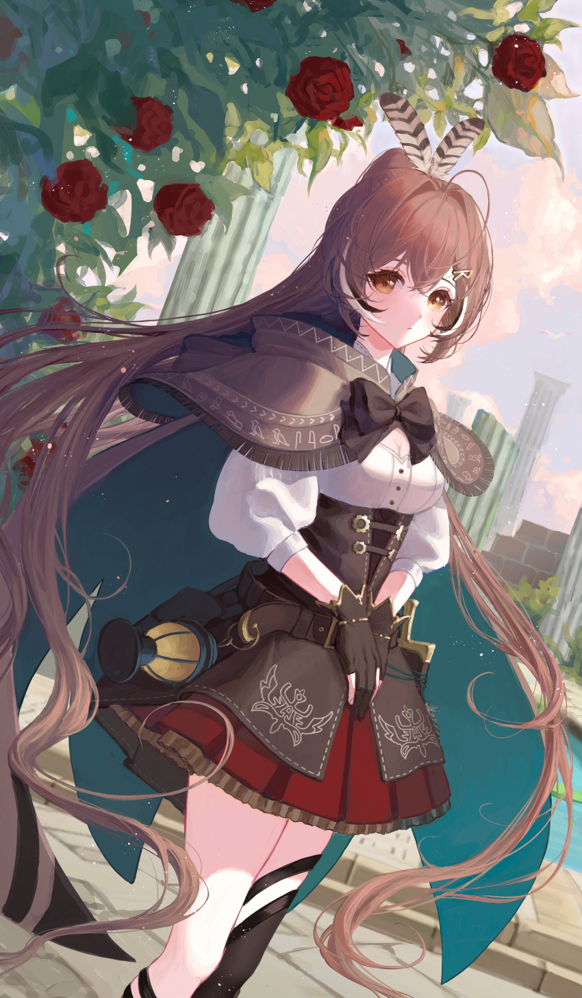 1girl absurdres ahoge amasatousuya asymmetrical_legwear bangs belt brown_capelet brown_cloak brown_corset brown_eyes brown_hair bush cape capelet cloak cloud cloudy_sky corset dagger feather_hair_ornament feathers flower gloves hair_ornament hairclip highres hololive hololive_english knee_strap kneehighs knife lantern long_hair looking_at_viewer multicolored_hair nanashi_mumei partially_fingerless_gloves pleated_skirt ponytail pouch red_skirt ribbon rose ruins shirt single_kneehigh single_sock single_thighhigh skirt sky socks streaked_hair thigh_strap thighhighs very_long_hair virtual_youtuber weapon white_shirt