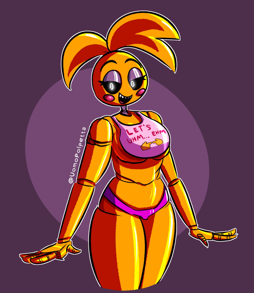 animatronic anthro avian beakless bib bird chicken clothed clothing eyelashes female five_nights_at_freddy's five_nights_at_freddy's_2 galliform gallus_(genus) glowing hi_res machine metallic_body phasianid robot scottgames sharp_teeth simple_background smile solo teeth text toy_chica_(fnaf) uomopolpetta video_games