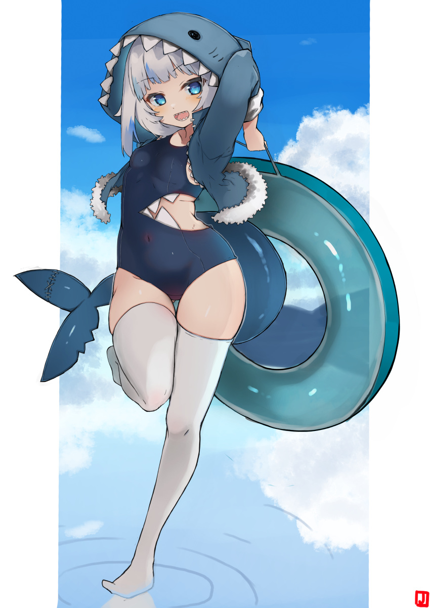 1girl :d absurdres blue_eyes blue_hair blue_jacket blue_sky blue_swimsuit cloud day fish_tail full_body fur-trimmed_jacket fur_trim gawr_gura highres hololive hololive_english innertube jacket looking_at_viewer multicolored_hair one-piece_swimsuit shark_tail sharp_teeth short_hair sky smile solo swimsuit tail teeth thighhighs two-tone_hair virtual_youtuber white_hair white_thighhighs zonzu