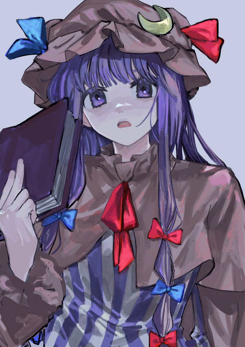 1girl blue_bow blue_ribbon book bow crescent crescent_hat_ornament dress gotagotay hat hat_ornament highres holding holding_book long_hair mob_cap patchouli_knowledge purple_eyes purple_hair red_bow red_ribbon ribbon solo striped striped_dress touhou vertical-striped_dress vertical_stripes