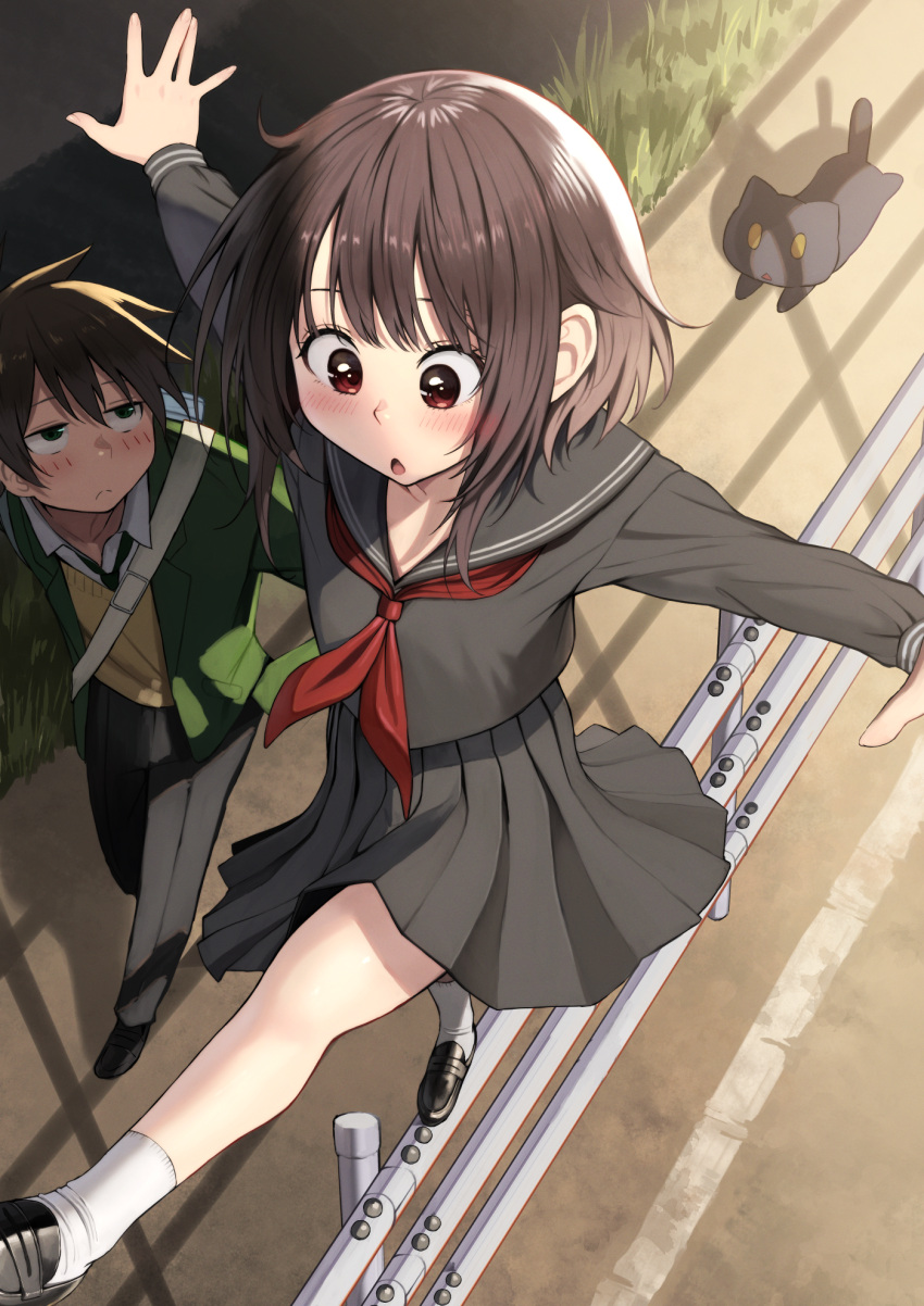 1boy 1girl :&lt; :o bangs black_footwear black_pants black_serafuku black_shirt black_skirt blush brown_eyes brown_hair brown_vest cat check_commentary chomusuke collared_shirt commentary_request contemporary from_above green_eyes green_jacket highres izawa_(bhive003) jacket kneehighs kono_subarashii_sekai_ni_shukufuku_wo! leg_up long_sleeves looking_at_another medium_hair megumin neckerchief open_mouth outstretched_arms pants pleated_skirt red_eyes revision sailor_collar satou_kazuma school_uniform serafuku shirt shoes short_hair skirt smile socks standing standing_on_one_leg vest white_socks