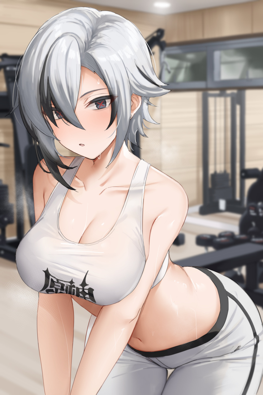 1girl absurdres arlecchino_(genshin_impact) bangs black_eyes black_hair blush breasts cleavage collarbone genshin_impact gym hair_between_eyes highres large_breasts leaning_forward looking_at_viewer multicolored_hair navel pants parted_lips red_pupils shengtian short_hair solo sports_bra steam sweat symbol-shaped_pupils thigh_gap two-tone_hair white_hair x-shaped_pupils yoga_pants