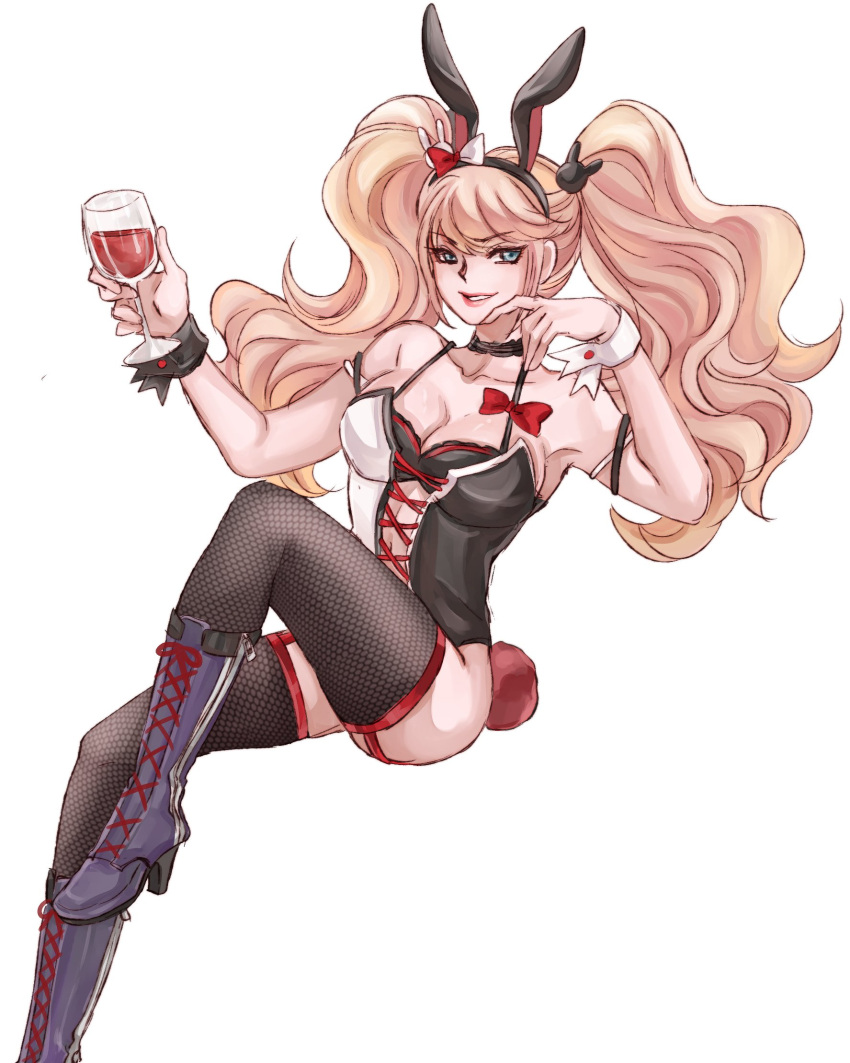 1girl alternate_costume animal_ears bangs bare_shoulders black_choker black_leotard black_thighhighs boots breasts bunny_hair_ornament choker cleavage collarbone cup danganronpa:_trigger_happy_havoc danganronpa_(series) enoshima_junko fake_animal_ears fake_tail garter_straps hair_ornament hand_up high_heel_boots high_heels highres holding holding_cup knee_boots large_breasts leotard midori_(310ri_21) parted_lips rabbit_ears rabbit_tail simple_background smile solo tail teeth thighhighs two-tone_leotard white_background white_leotard wrist_cuffs