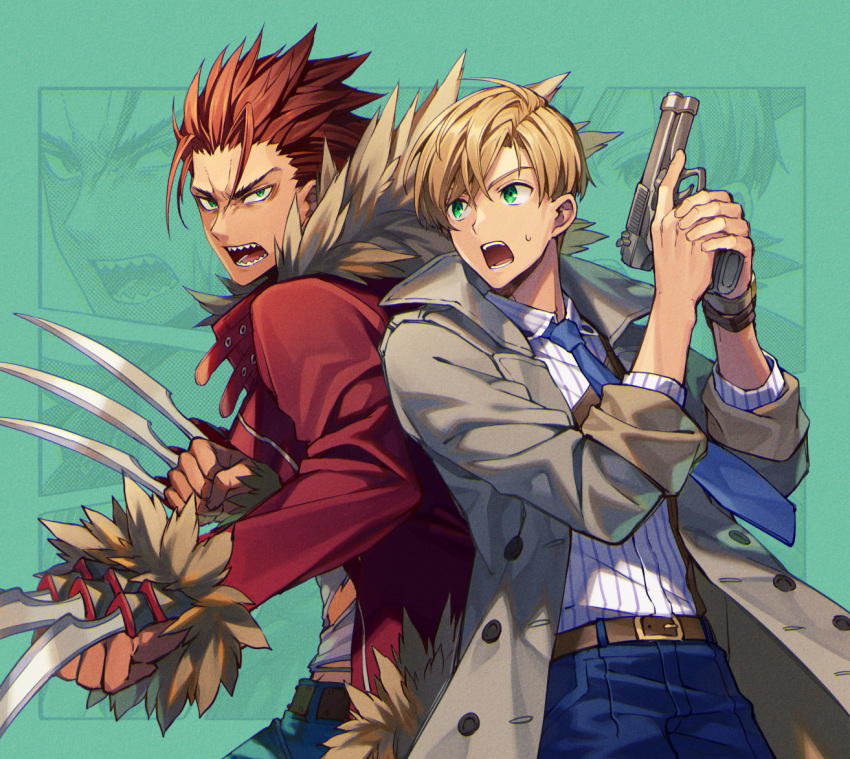 2boys aaron_(buddy_mission_bond) belt blonde_hair blue_pants buddy_mission_bond coat fur_collar green_eyes gun holding holding_gun holding_weapon luke_(buddy_mission_bond) male_focus multiple_boys necktie open_mouth pants red_hair sharp_teeth shirt spiked_hair striped striped_shirt sweatdrop teeth upper_body weapon yuzu_shio