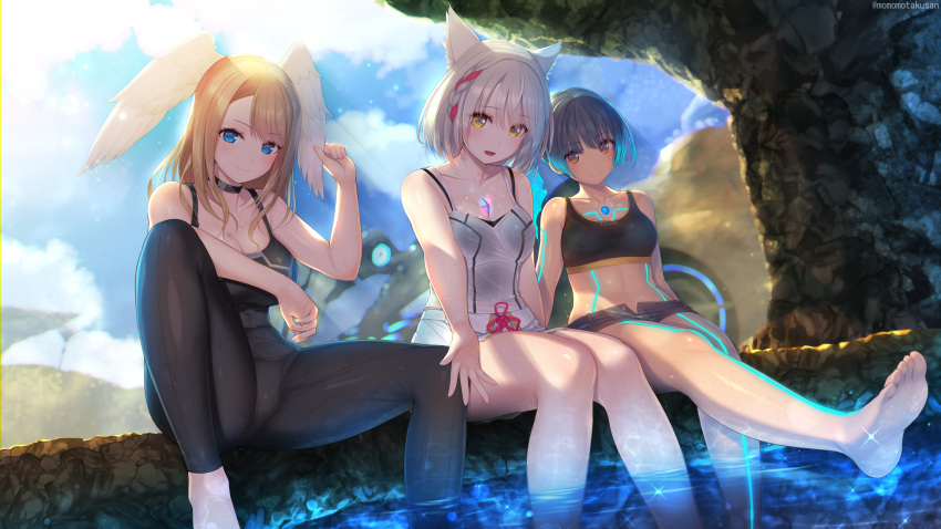 :d absurdres animal_ear_fluff animal_ears barefoot black_bodysuit black_choker black_hair black_shorts black_sports_bra blue_eyes blue_fire blue_sky blurry blurry_background bodysuit braid breasts brown_eyes brown_hair camisole chest_jewel choker cleavage eunie_(xenoblade) fiery_hair fire glowing_lines grey_hair head_wings highres kashiwamochi_yomogi knee_up large_breasts looking_at_viewer medium_hair mio_(xenoblade) open_clothes open_shorts outdoors outstretched_leg partially_submerged pond reaching_out rock sena_(xenoblade) short_hair short_shorts shorts sky small_breasts smile sports_bra spread_legs sunlight white_camisole white_shorts white_wings wings xenoblade_chronicles_(series) xenoblade_chronicles_3 yellow_eyes