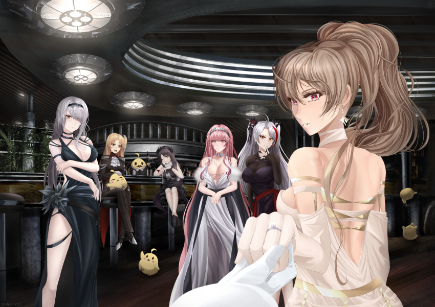 1boy 6+girls azur_lane bar bar_stool bare_shoulders black_dress black_footwear black_hair blonde_hair breasts brown_hair cleavage cleveland_(azur_lane) colorado_(azur_lane) dress earrings elbow_gloves gloves grey_hair hair_over_one_eye hairband highres holding_hands indoors jean_bart_(azur_lane) jewelry long_hair looking_at_viewer looking_back manjuu_(azur_lane) multicolored_hair multiple_girls pamiat_merkuria_(azur_lane) perseus_(azur_lane) pink_hair ponytail pov pov_hands prinz_eugen_(azur_lane) purple_eyes red_hair ring side_slit stool streaked_hair syn_(synstyle) two-tone_hair two_side_up wedding_ring white_dress white_gloves