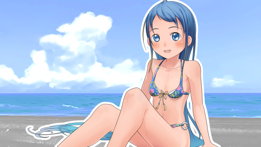 1girl bangs beach bikini blue_bikini blue_eyes blue_hair blue_sky breasts cloud commentary_request day floral_print front-tie_bikini front-tie_top gradient_hair hashijiro_kou highres horizon kantai_collection long_hair looking_at_viewer multicolored_hair o-ring o-ring_bikini o-ring_bottom ocean outdoors samidare_(kancolle) sitting sky small_breasts solo swept_bangs swimsuit tan very_long_hair