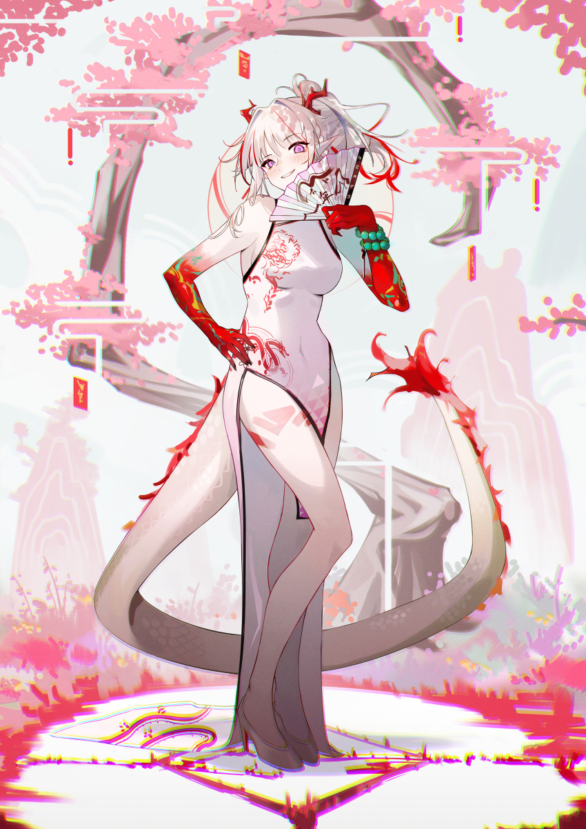 1girl absurdres arknights arm_tattoo bare_shoulders bead_bracelet beads blush bracelet breasts cherry_blossoms china_dress chinese_clothes colored_skin dragon_girl dragon_horns dragon_tail dress flame-tipped_tail folding_fan full_body grin hand_fan hand_on_hip hand_up high_heels highres horns jewelry krin leg_tattoo looking_at_viewer multicolored_hair nian_(arknights) nian_(unfettered_freedom)_(arknights) official_alternate_costume pelvic_curtain pink_eyes ponytail red_hair red_skin sleeveless sleeveless_dress small_breasts smile solo standing streaked_hair tail tattoo white_dress white_footwear white_hair