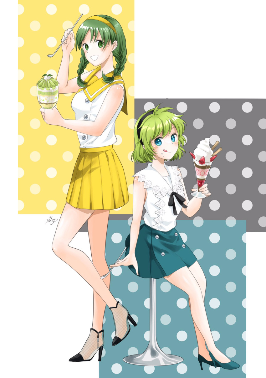 2girls :d alternate_costume bare_shoulders black_footwear braid dessert fire_emblem fire_emblem:_the_blazing_blade food green_eyes green_footwear green_hair green_skirt greentapir0415 hairband high_heels highres holding holding_food ice_cream licking_lips looking_at_viewer medium_hair miniskirt multiple_girls nino_(fire_emblem) open_mouth pencil_skirt pleated_skirt polka_dot polka_dot_background rebecca_(fire_emblem) shirt short_hair signature simple_background skirt smile soft_serve sundae tongue tongue_out twin_braids twintails white_shirt yellow_skirt