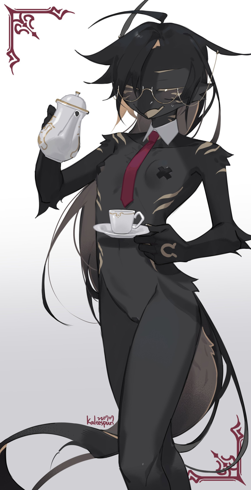 absurd_res anthro avian beak biped black_body breasts container cup eyes_closed eyewear female genitals glasses hair hi_res long_hair navel necktie non-mammal_breasts pussy royluna signature simple_background small_breasts solo solo_focus tea_cup teapot white_background