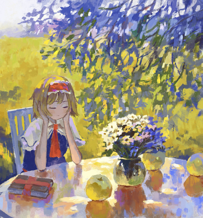 1girl alice_margatroid apple arm_support blonde_hair blue_dress book capelet chair closed_eyes closed_mouth commentary day dress field fjsmu flower food frilled_hairband frills fruit grimoire_of_alice hairband hands_on_own_cheeks hands_on_own_face highres outdoors red_hairband short_hair sitting smile solo sunlight table touhou traditional_media tree white_capelet