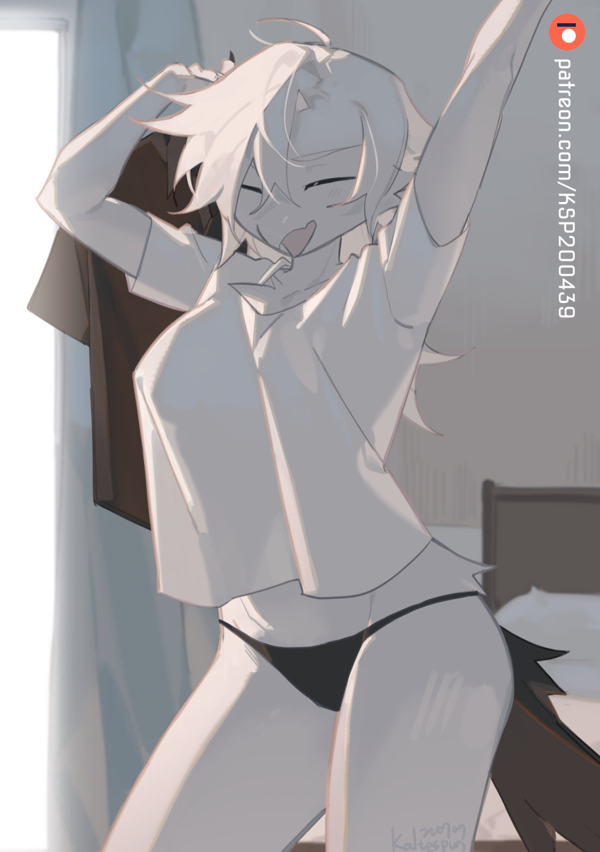 absurd_res anthro avian beak bedroom biped clothing detailed_background eyes_closed female hi_res lorenzo_(royluna) open_mouth panties royluna signature solo solo_focus stretching text underwear url white_body yawn