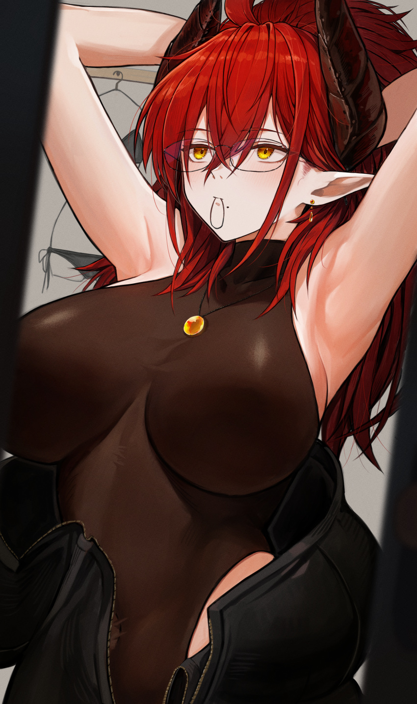 1girl absurdres breasts breasts_apart brown_leotard demon_horns earrings hair_tie_in_mouth highres horns isabella_(marse) jewelry leotard marse_(rokudaime) mole mole_under_mouth mouth_hold original pointy_ears solo tying_hair upper_body