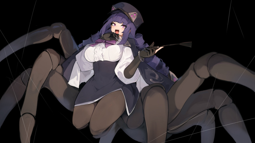 1girl arachne arthropod_girl arthropod_limbs black_gloves black_headwear black_skirt breasts carapace elbow_gloves extra_legs gloves hat high-waist_skirt lansane large_breasts long_hair monster_girl multiple_legs original partially_fingerless_gloves purple_eyes purple_hair skirt solo spider_girl taur