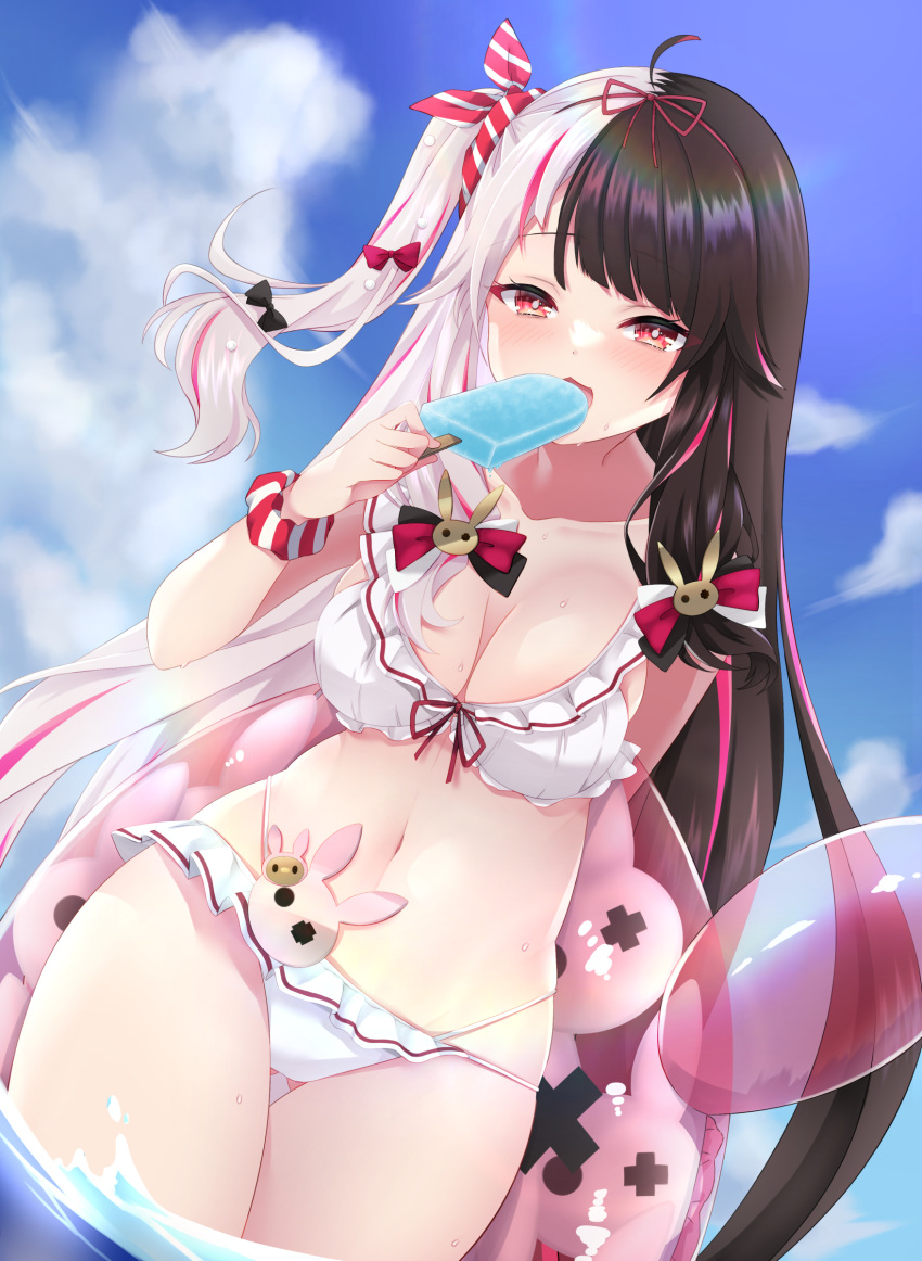 1girl absurdres ass_visible_through_thighs bikini black_bow black_hair blue_sky bow breasts bunny_hair_ornament cleavage day food frilled_bikini frills hair_bow hair_ornament highres holding holding_food innertube long_hair looking_at_viewer medium_breasts men_ta_pasudai multicolored_hair navel nijisanji ocean outdoors popsicle red_bow red_eyes sky solo stomach summer swimsuit thigh_gap thighs two-tone_hair very_long_hair wading white_bikini white_bow white_hair yorumi_rena