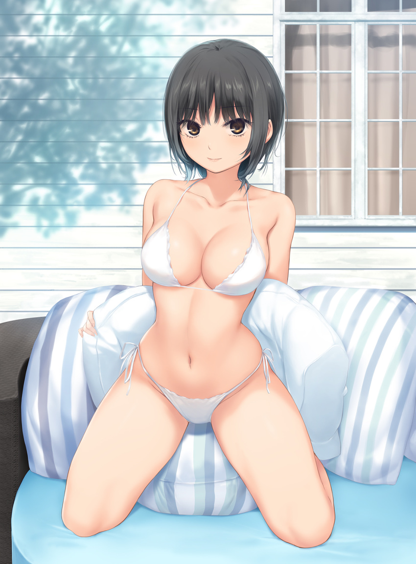 1girl aoyama_sumika arms_behind_back bare_shoulders bikini black_hair breasts brown_eyes cleavage closed_mouth coffee-kizoku collarbone day halterneck highres holding large_breasts looking_at_viewer navel original outdoors pillow short_hair side-tie_bikini smile solo stomach string_bikini swimsuit thighs white_bikini