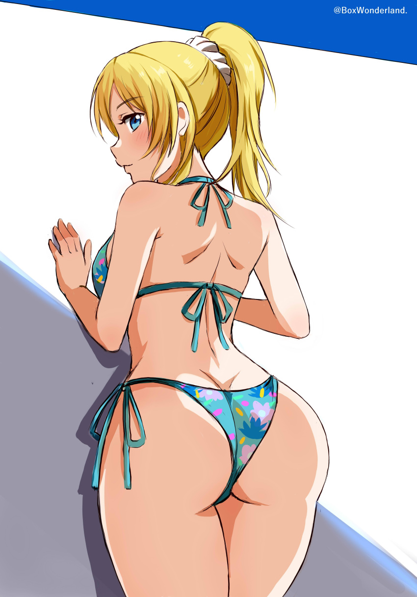 1girl absurdres against_wall angel_gabriel. ass ayase_eli back bare_shoulders bikini blonde_hair blue_bikini blue_eyes blush butt_crack closed_mouth eyes_visible_through_hair hair_ornament hair_scrunchie highres long_hair looking_at_viewer looking_back love_live! love_live!_school_idol_project ponytail scrunchie side-tie_bikini simple_background solo string_bikini swimsuit white_scrunchie