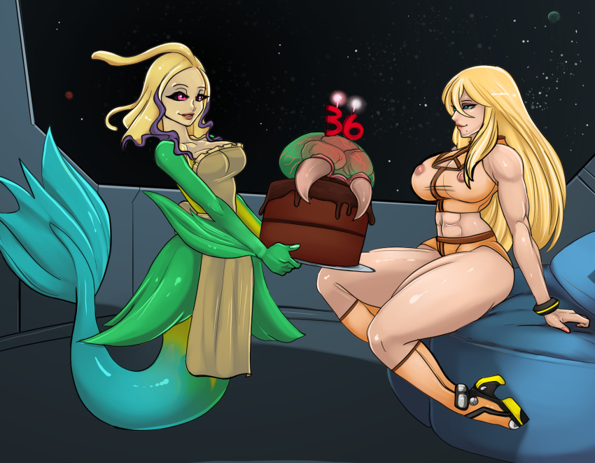 alien anthro apron birthday birthday_cake cake candy chocolate chocolate_cake clothing crossover dessert duo eirhjien female female/female food hi_res humanoid league_of_legends marine merfolk metroid metroid_(species) nami_(lol) nintendo nipples riot_games samus_aran split_form translucent translucent_clothing video_games