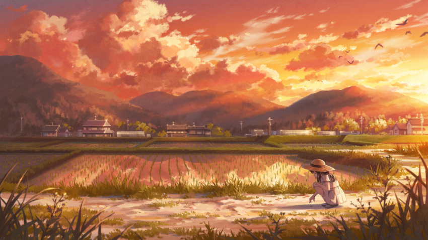 1girl bird brown_hair building closed_eyes cloud commentary_request dress evening female_child grass gurafuru hat house long_hair mountain rice_paddy rural scenery short_sleeves solo squatting summer sun_hat sunset utility_pole white_dress wide_shot