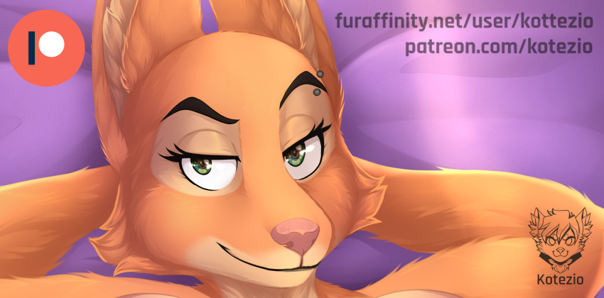 2022 anthro better_version_at_source canid canine canis diane_foxington digital_media_(artwork) dreamworks eyebrow_piercing facial_piercing female fox fur hi_res kotezio looking_at_viewer mammal orange_body orange_fur patreon patreon_logo piercing preview simple_background smile solo text the_bad_guys url