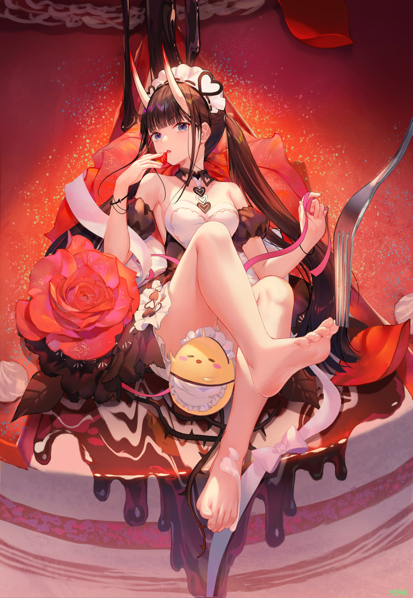 1girl absurdres apron atdan azur_lane bangs bare_legs bare_shoulders barefoot black_dress black_hair blunt_bangs breasts cake cream_on_body detached_sleeves dress feet flower food fork fruit full_body highres holding holding_food holding_fruit holding_ribbon horns long_hair looking_at_viewer maid_headdress manjuu_(azur_lane) medium_breasts noshiro_(azur_lane) noshiro_(hold_the_ice)_(azur_lane) official_alternate_costume oni_horns pink_ribbon puffy_short_sleeves puffy_sleeves purple_eyes red_flower red_rose ribbon rose short_sleeves sitting soles solo strawberry thorns toes twintails very_long_hair white_apron