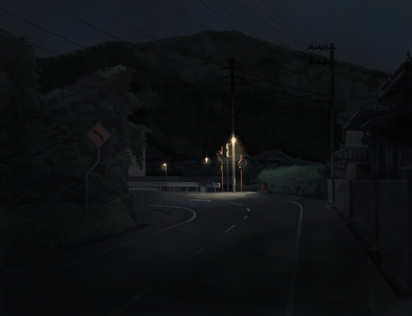 absurdres arrow_(symbol) building bush commentary_request guard_rail highres house kiyama lamppost light mountain night night_sky no_humans original outdoors power_lines road road_sign scenery sign sky street traffic_mirror utility_pole