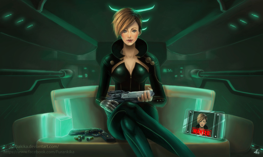1girl absurdres ammunition amputee bakika black_bodysuit blonde_hair bodysuit breasts cleavage commentary computer damillia_seraph eve_online feet_out_of_frame glowing green_theme grey_eyes gun handgun highres holding holding_gun holding_weapon indoors laptop large_breasts lip_piercing long_sleeves looking_at_viewer mechanical_hands original piercing pink_lips prosthesis science_fiction short_hair single_mechanical_hand sitting solo tattoo wanted weapon