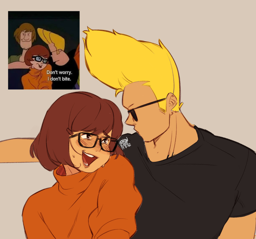 1girl 2boys absurdres blonde_hair blush brown_eyes brown_hair crossover facial_hair glasses highres johnny_bravo johnny_bravo_(series) multiple_boys open_mouth photo-referenced scooby-doo shaggy_rogers snowcie stubble sunglasses sweater velma_dace_dinkley