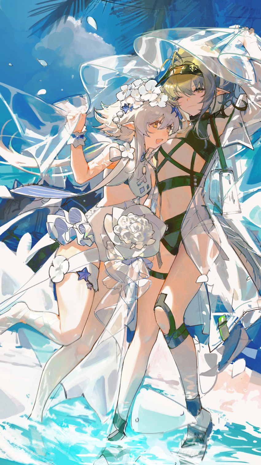 2girls :d ;d absurdres arknights bikini black_bikini black_headwear blue_flower blue_sky breasts cloud day flower gavial_(arknights) green_hair hand_up head_wreath highres holding leg_up multiple_girls neriash official_alternate_costume one_eye_closed open_mouth outdoors palm_leaf pointy_ears sky small_breasts smile standing standing_on_one_leg swimsuit tomimi_(arknights) tomimi_(silent_night)_(arknights) visor_cap white_bikini white_flower white_wrist_cuffs yellow_eyes